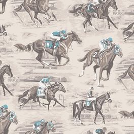 Метровые обои с рисунком лошадей во время скачек на коричнево бежевом фоне для детской